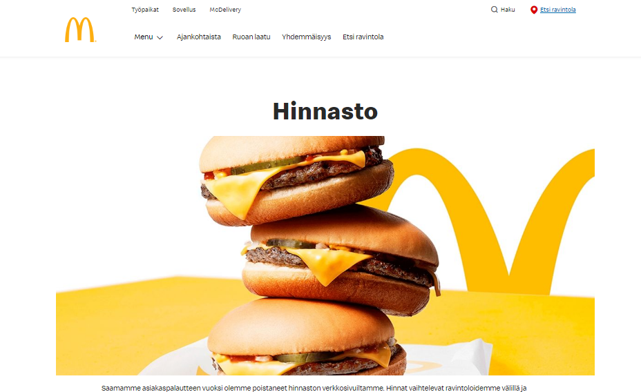 McDonald's Menu ja Hinnasto (Finland)